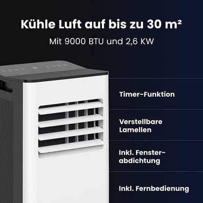 Mobile Klimaanlage 9000 BTU mit Abluftschlauch | 3-in-1 Mobiles Klimagerät | Leiser Betrieb | Digitaldisplay, App und Fernbedienung | Fenster-Installationsset | Timerfunktion | Für Räume bis 30 m²