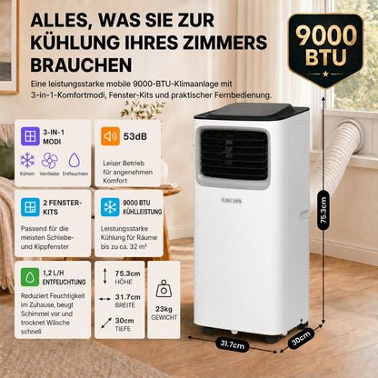 Olsen & Smith 9000 BTU Mobile Klimaanlage & Luftentfeuchter - 3-in-1 Klimagerät mit Abluftschlauch, Schiebefenster-Adapter, 24h-Timer & Fernbedienung - Leise Klimaanlage für Schlafzimmer & Büro, Weiß