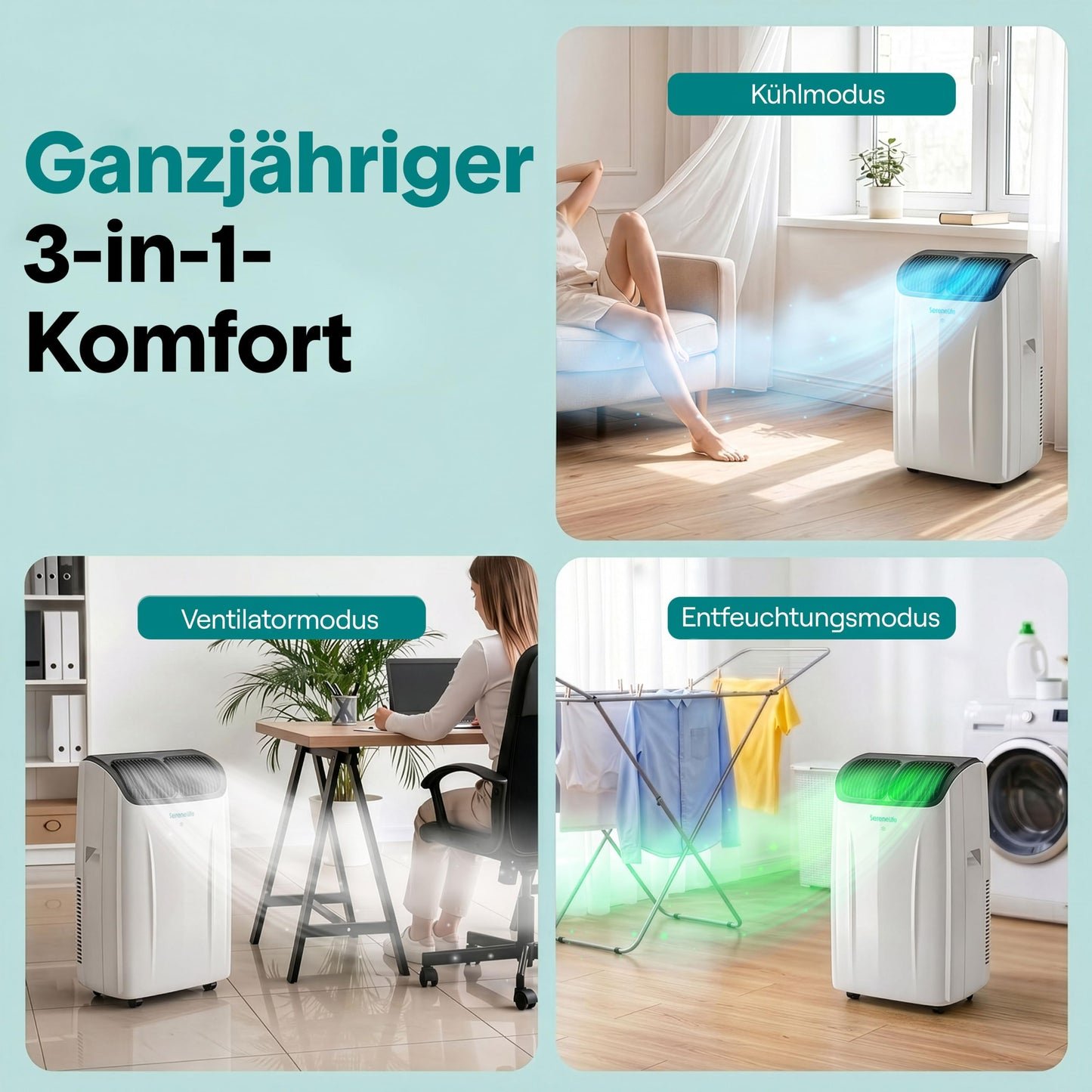 SereneLife Klimaanlage Mobil 12000 BTU – Kleine Klimaanlage für Zimmer bis 21 m² | Kühlung, Entfeuchter & Ventilator | 51 dB